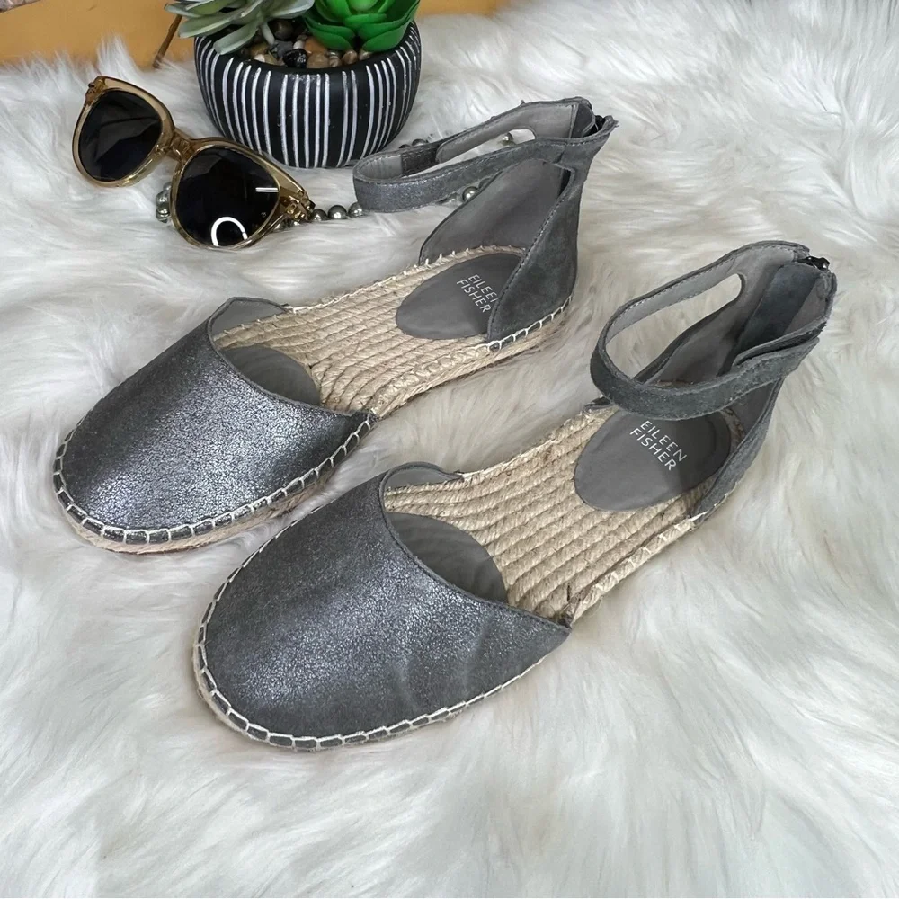 EILEEN FISHER Coastal Luxury Nubuck Gray Ankle-Strap Espadrilles, 7.5